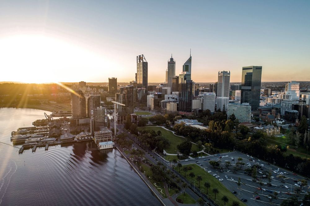 The Perth skyline across the Swan River at dusk