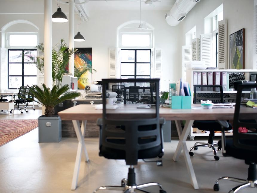 A bright open-plan office workspace