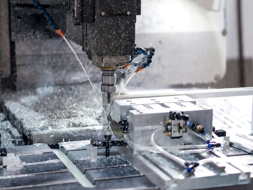 A CNC machining centre cutting a metal component